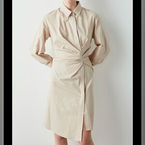 Ipekyol Elbise Shirt Dress Ruched Size 8 Tan Beige